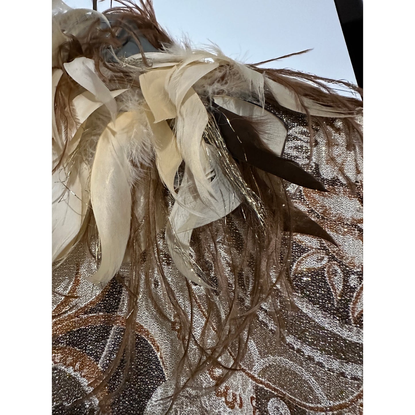 BILL BLASS Vintage 70s Couture Metallic Gold Lurex Knit Dress Ostrich Feather XS - S