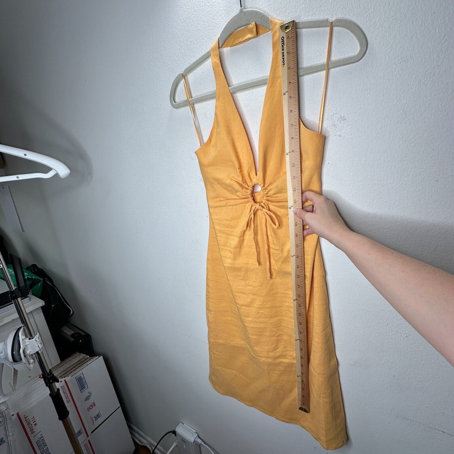 Zara Mustard Yellow Halter V-Neck Sun Dress O-Ring Cutout Front Open Back Small
