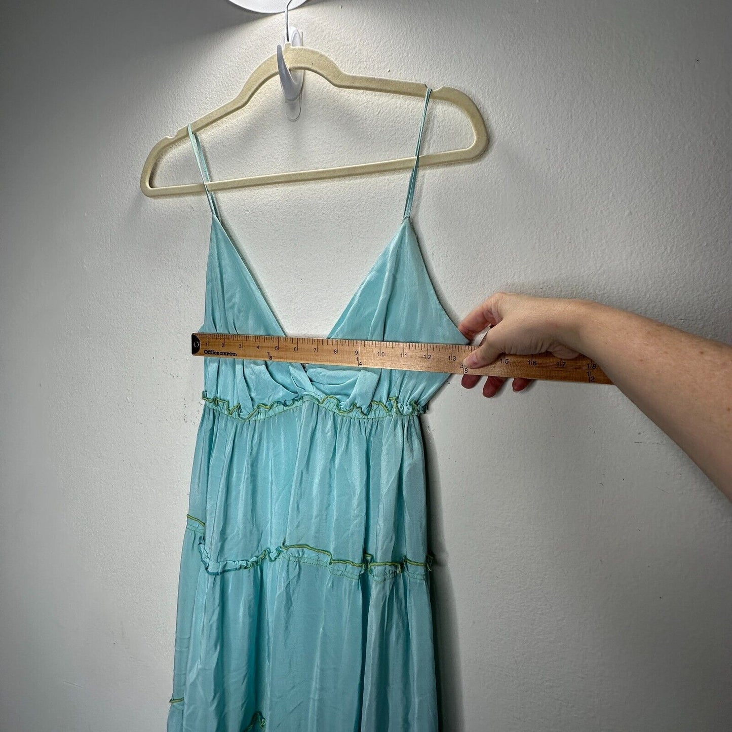 V Sierra 100% Silk Muted Aqua Spaghetti Strap V-Neck Tiered Ruffle Maxi Dress S