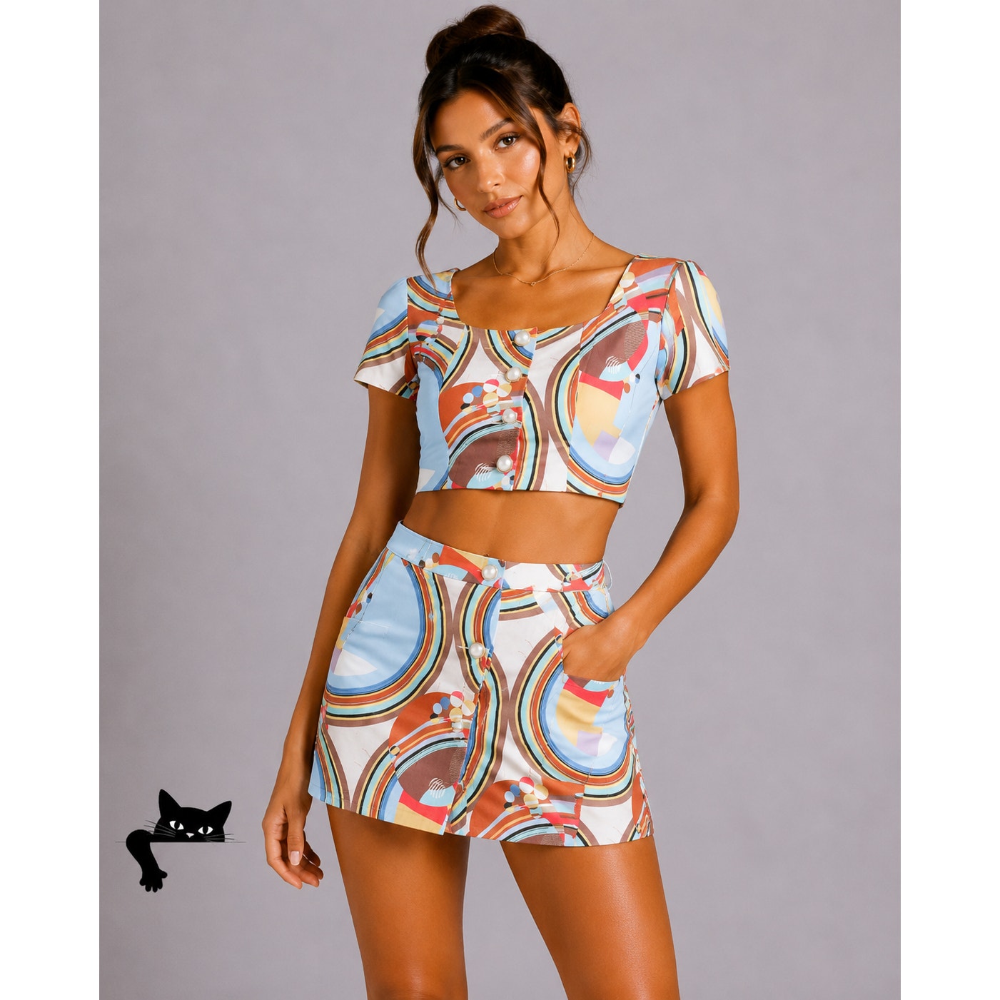 NWT Stefania Vaidani 60s Front Button Crop Top and Matching Button Mini Skirt SM