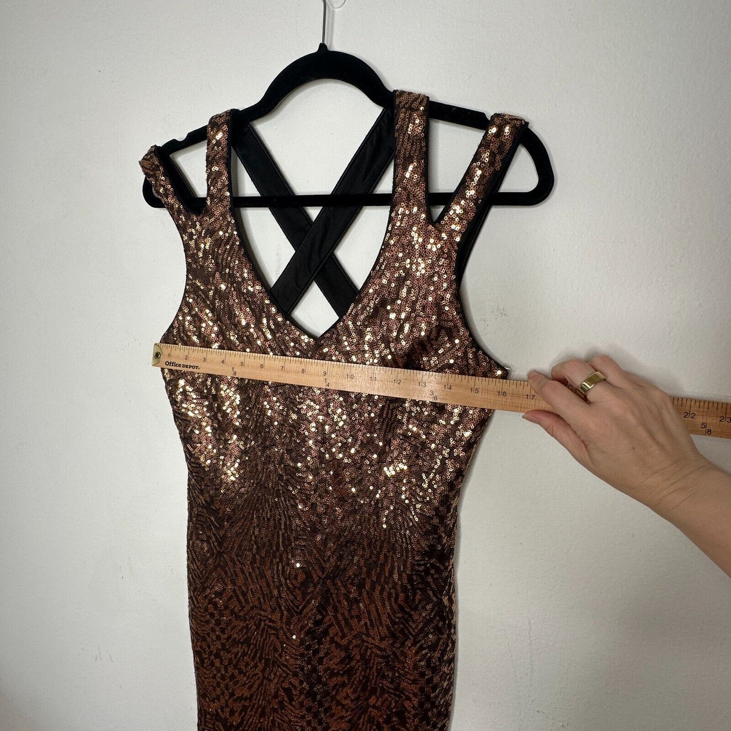 Bebe Copper Bronze Metallic Sequin Strappy Mini Dress Criss Cross Back Zip M