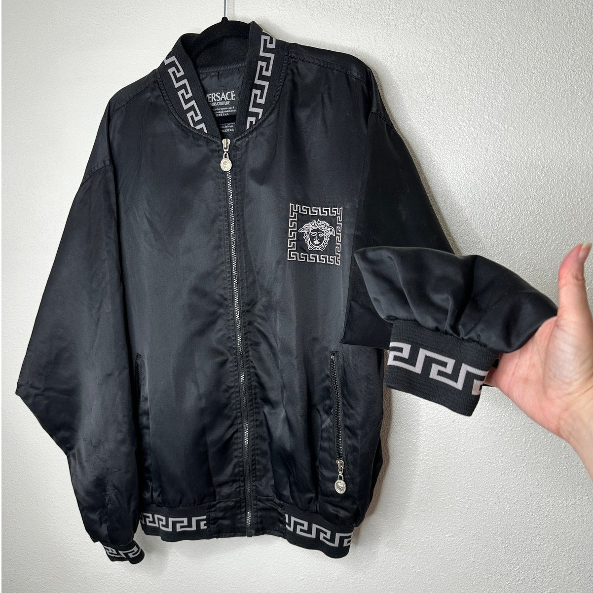 Versace Jeans Medusa Black Silver Embroidered Logo Long Sleeve Zip Bomber Jacket