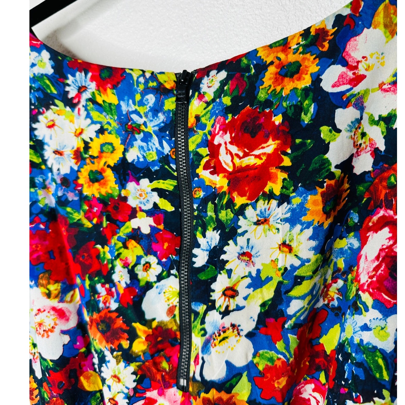 Alice + Olivia Silk Matilda Bouquet Floral Scoop Neck Tie Belt Back Zip Blue Red Dress