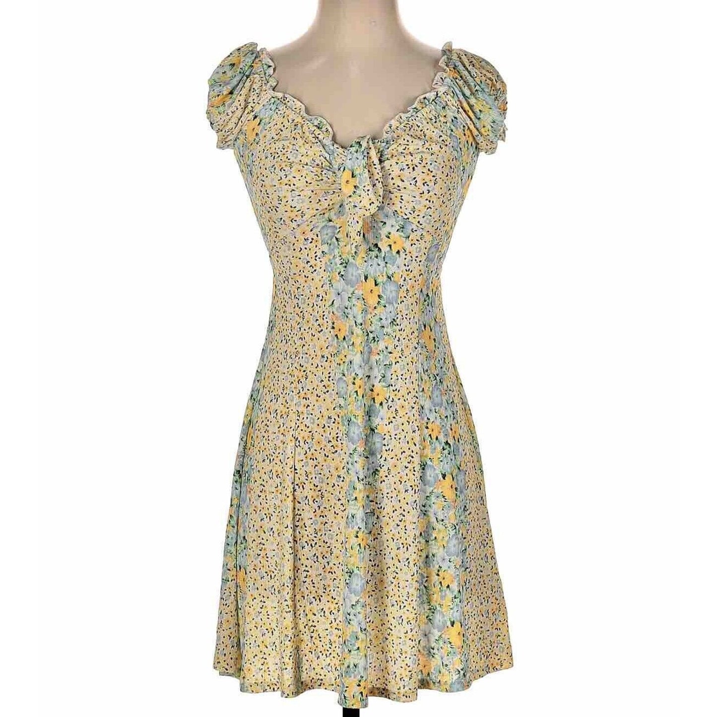 Topshop Cute Yellow Multi Color Ditsy Floral Off Shoulder Mini Puff Sleeve 4