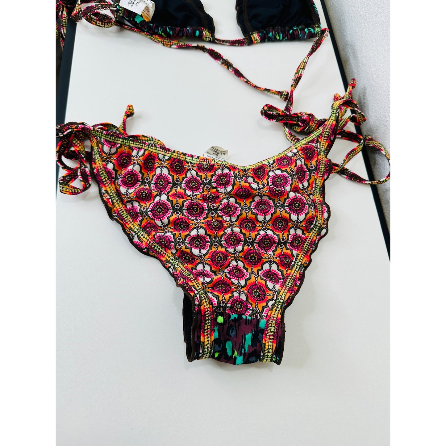 Agua Bendita Pink Multi-Color Stripe Sequin Ruffle Bikini Top & Bottom S