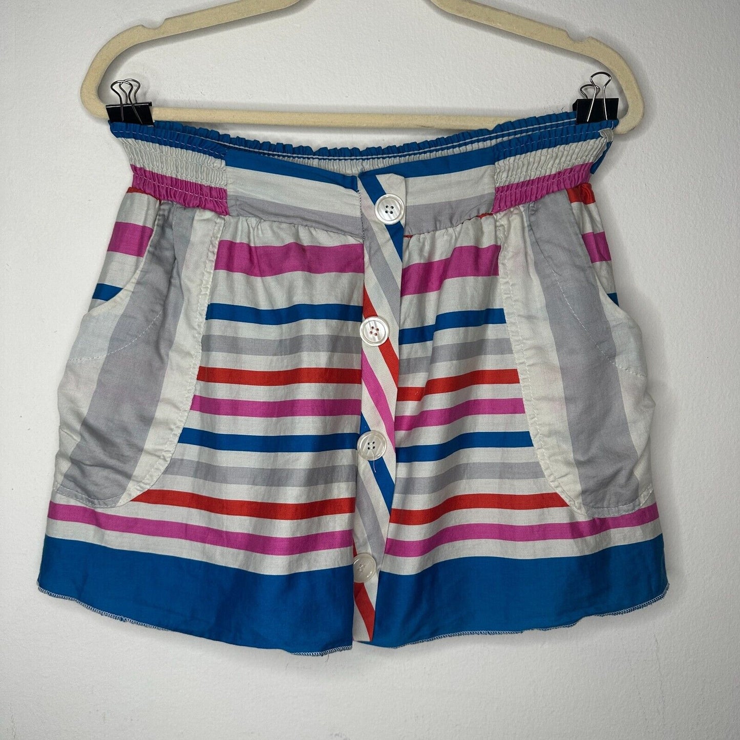 Nautical Blue Pink White Gray Stripe Button Front Patch Pockets Mini Skirt Small