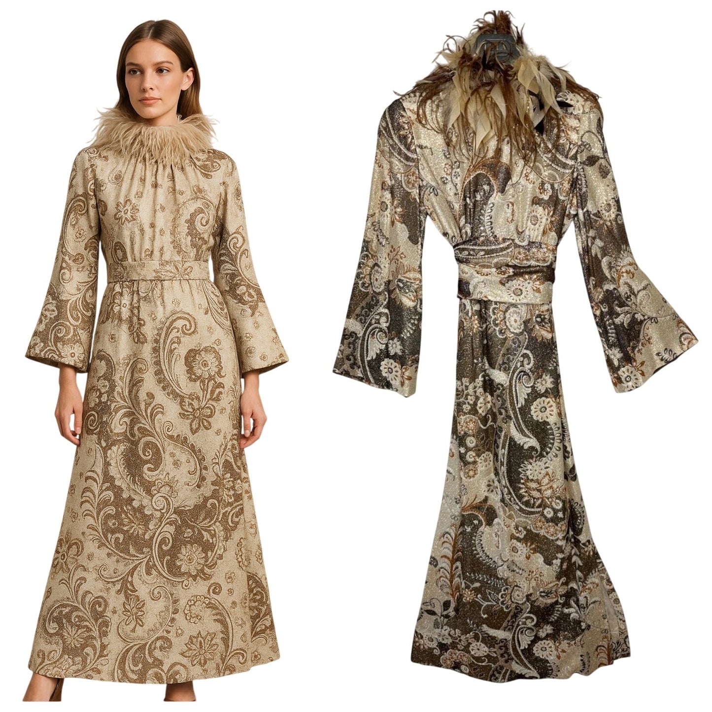 BILL BLASS Vintage 70s Couture Metallic Gold Lurex Knit Dress Ostrich Feather XS - S