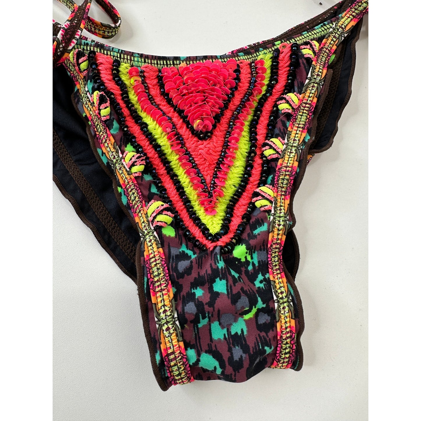 Agua Bendita Pink Multi-Color Stripe Sequin Ruffle Bikini Top & Bottom S