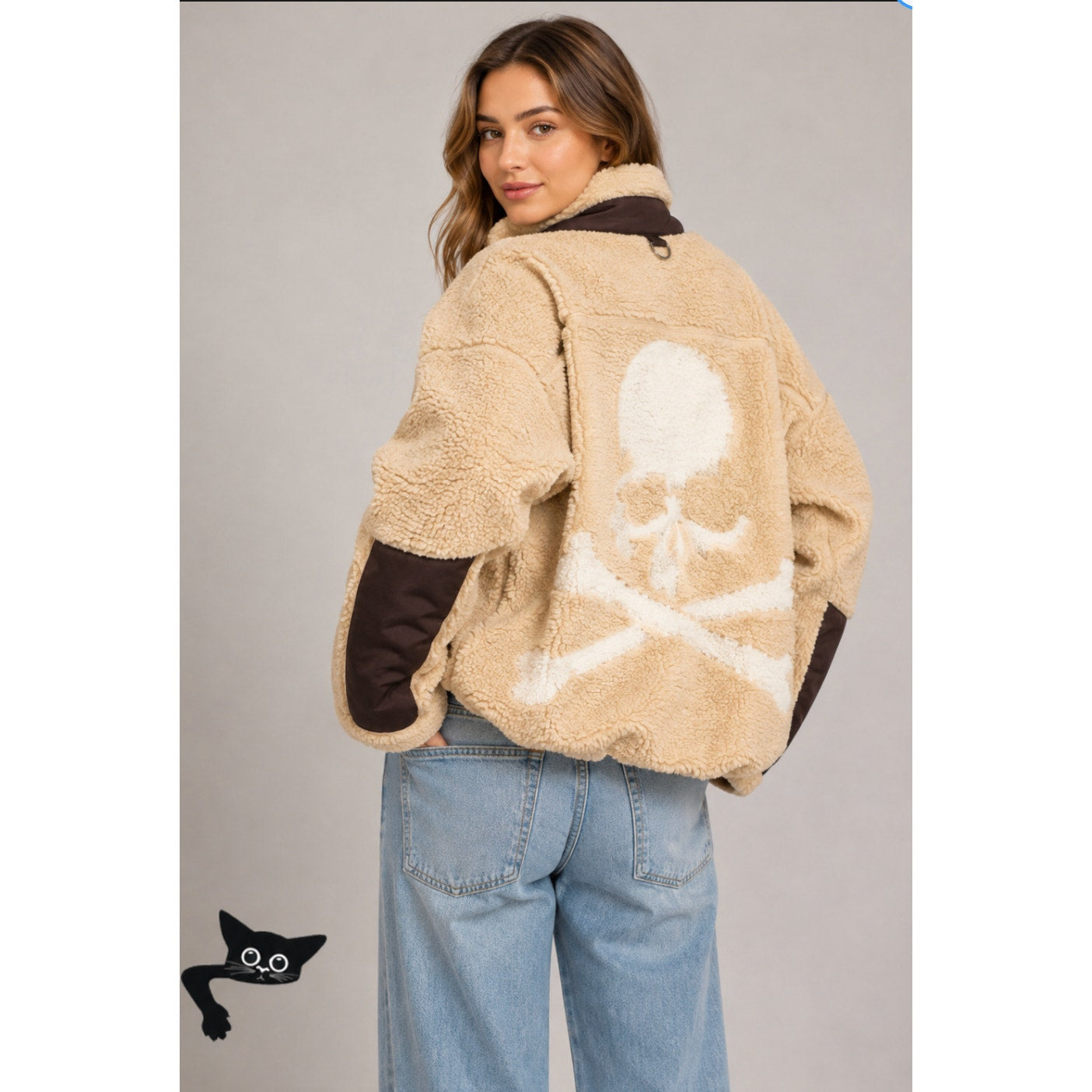 NWT Mastermind World Beige & Brown Cashmere Sherpa Jacket Skull & Crossbone Back