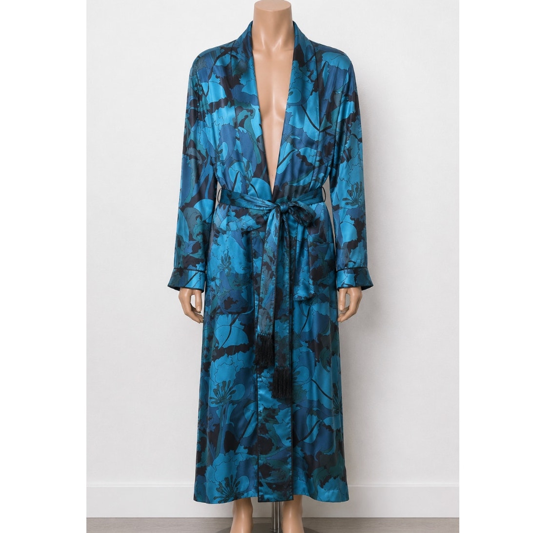 Tom Ford Floral Silk Twill Robe Blue/Teal Men’s M Tassel Belt
