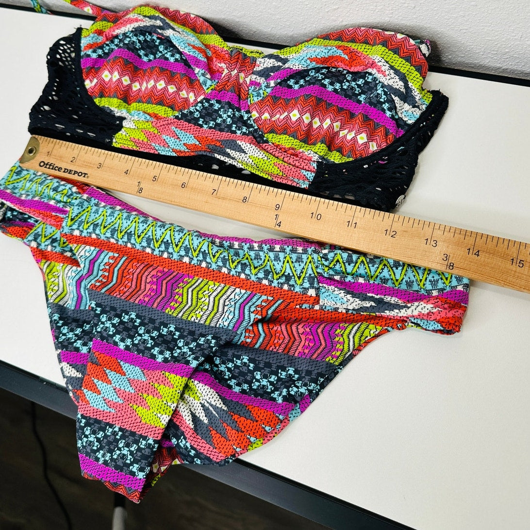 Billabong Black Blue Purple Green Multi Abstract Print Bikini M