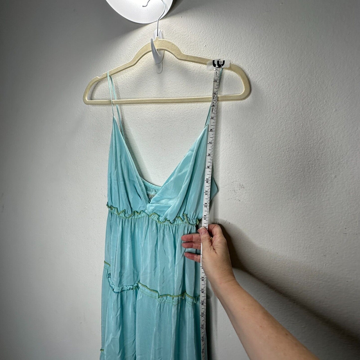 V Sierra 100% Silk Muted Aqua Spaghetti Strap V-Neck Tiered Ruffle Maxi Dress S