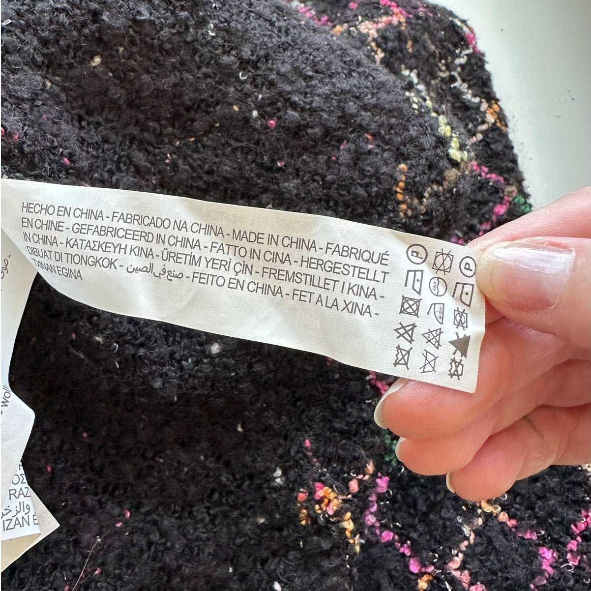 Zara Black Multicolor Boucle Knit Sweater with Pearl Detail on Sleeves Top S