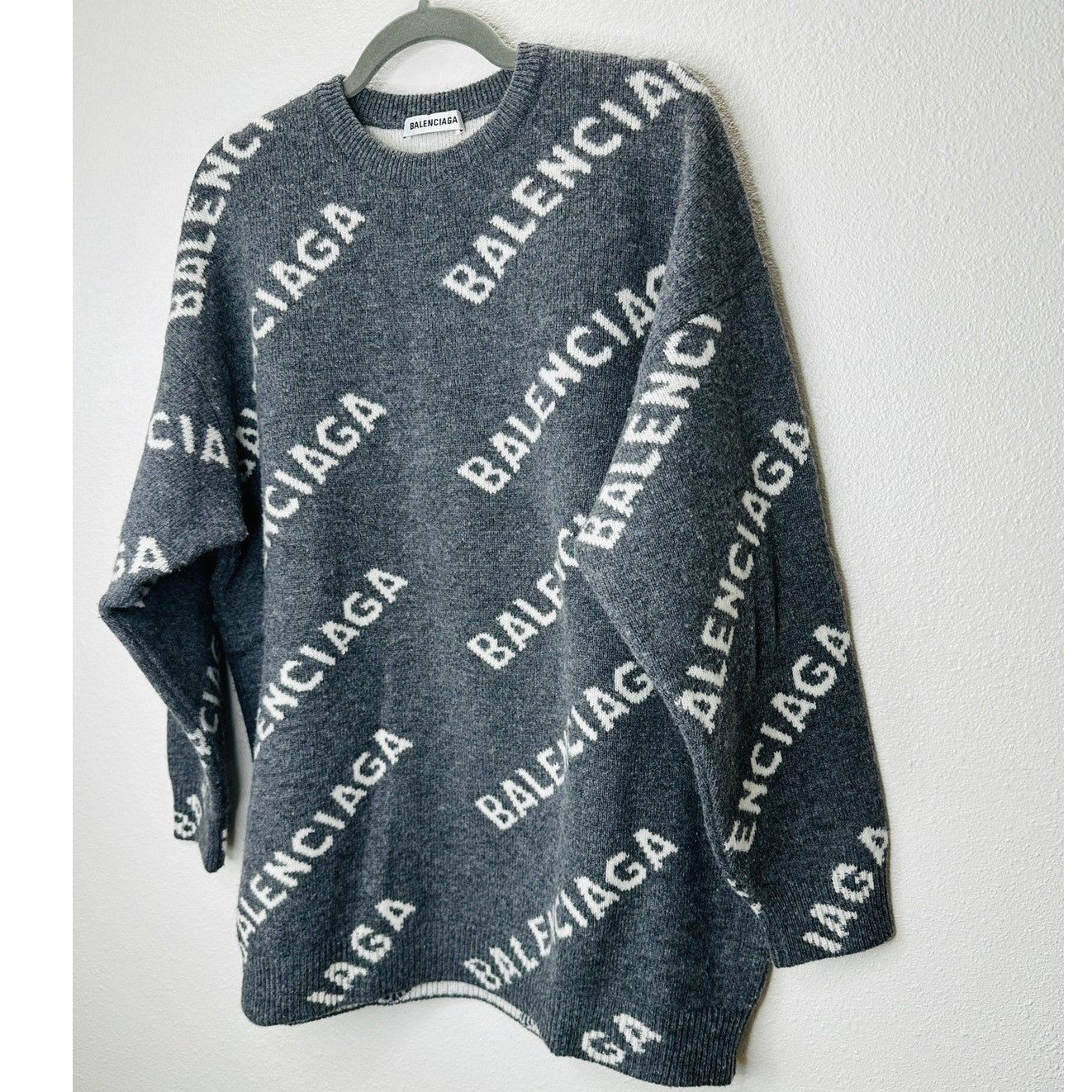 Balenciaga Dark Gray Long Sleeve White Logo'd Crew Neck Sweater L