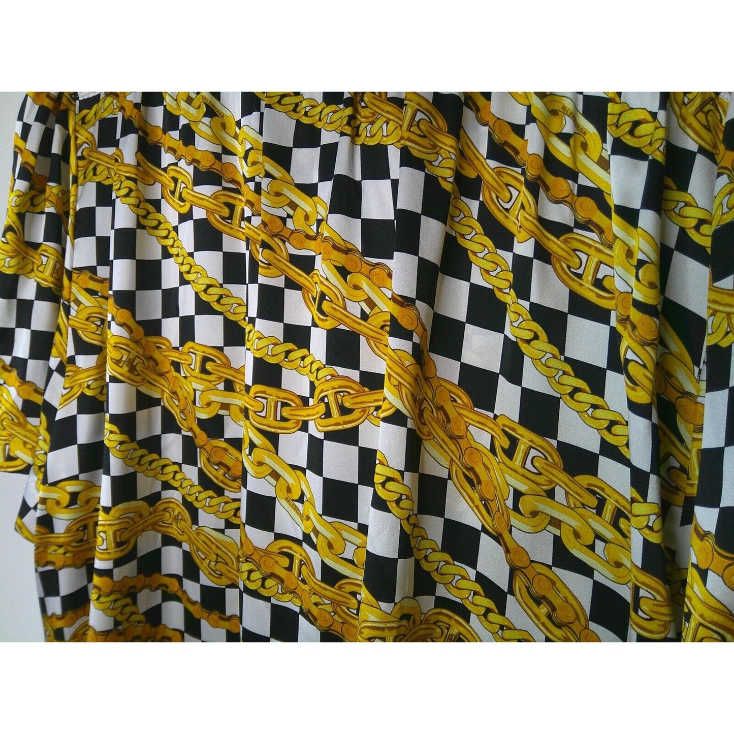Balenciaga Black White Gold Checked Chain Print Short Sleeve Tie Neck Blouse 40