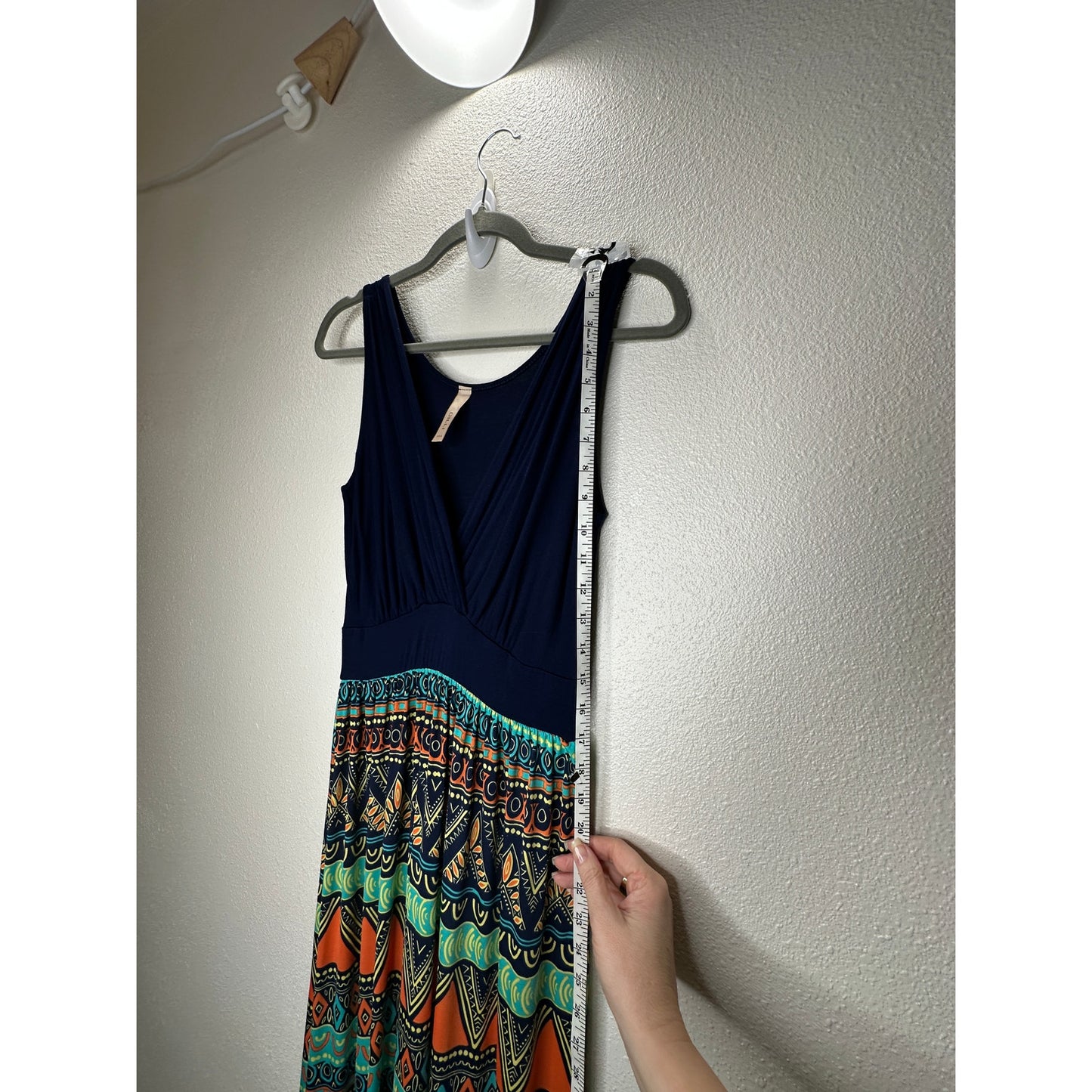 Gilli Navy Blue Teal Orange Multi Print Faux Wrap V-Neck Sleeveless Maxi Dress M