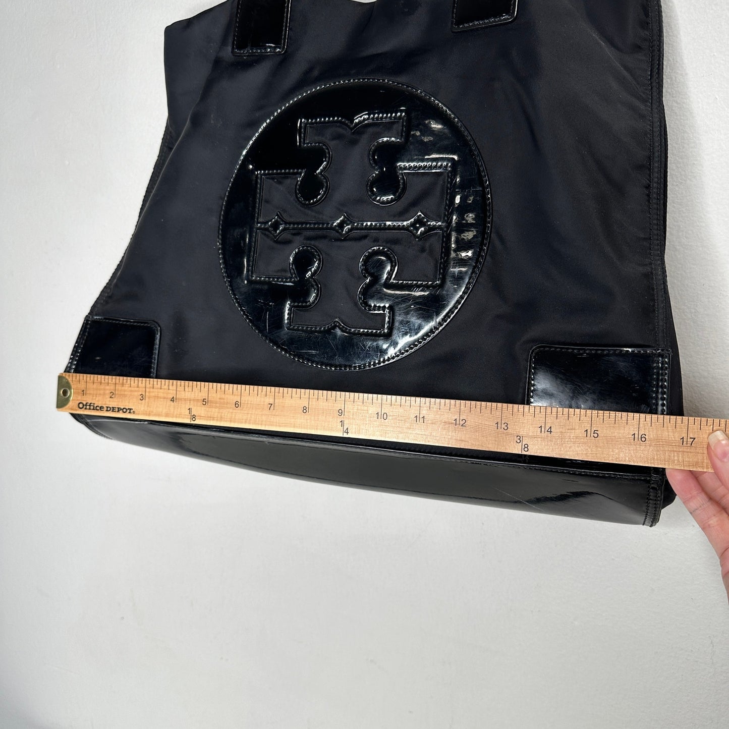 Tory Burch Black Canvas & Patent Leather Tote Bag 11 x 17