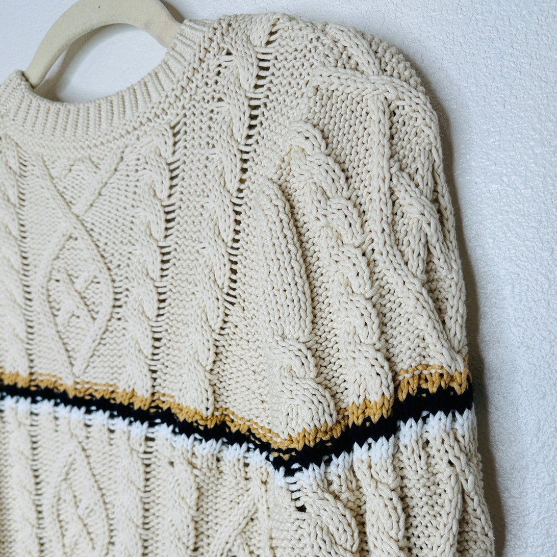 Veronica Beard Bruna Cream Black Multi Stripe Chunky Knit Long Sleeve Sweater M