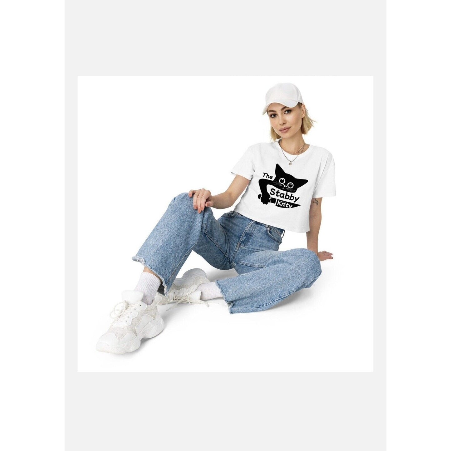 The Stabby Kitty® Soft Cotton White&Black Logo Relaxed Drop Shoulder Crop Top S