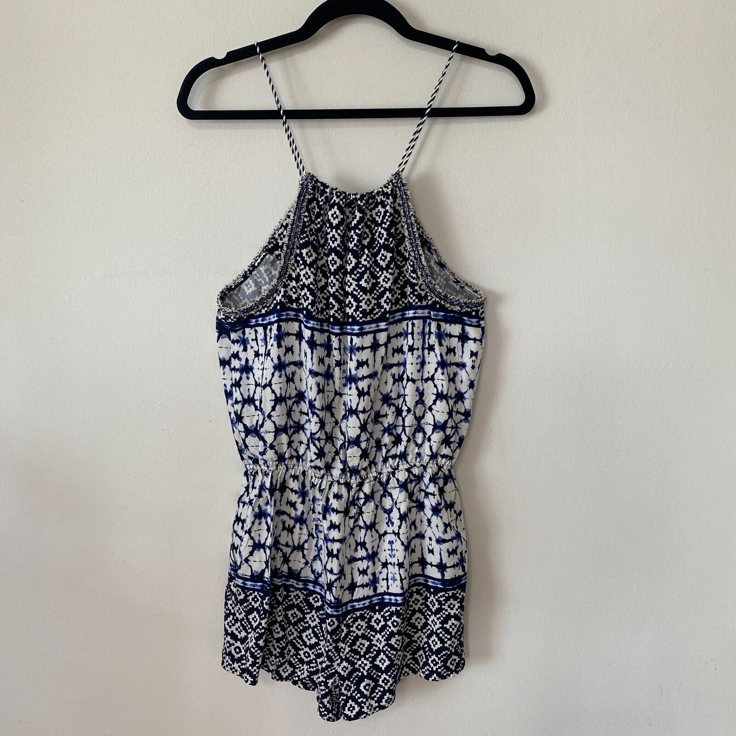 BB Dakota Beale Blue White Aztec Tie Dye Halter Tassel Tie Romper Pockets Small