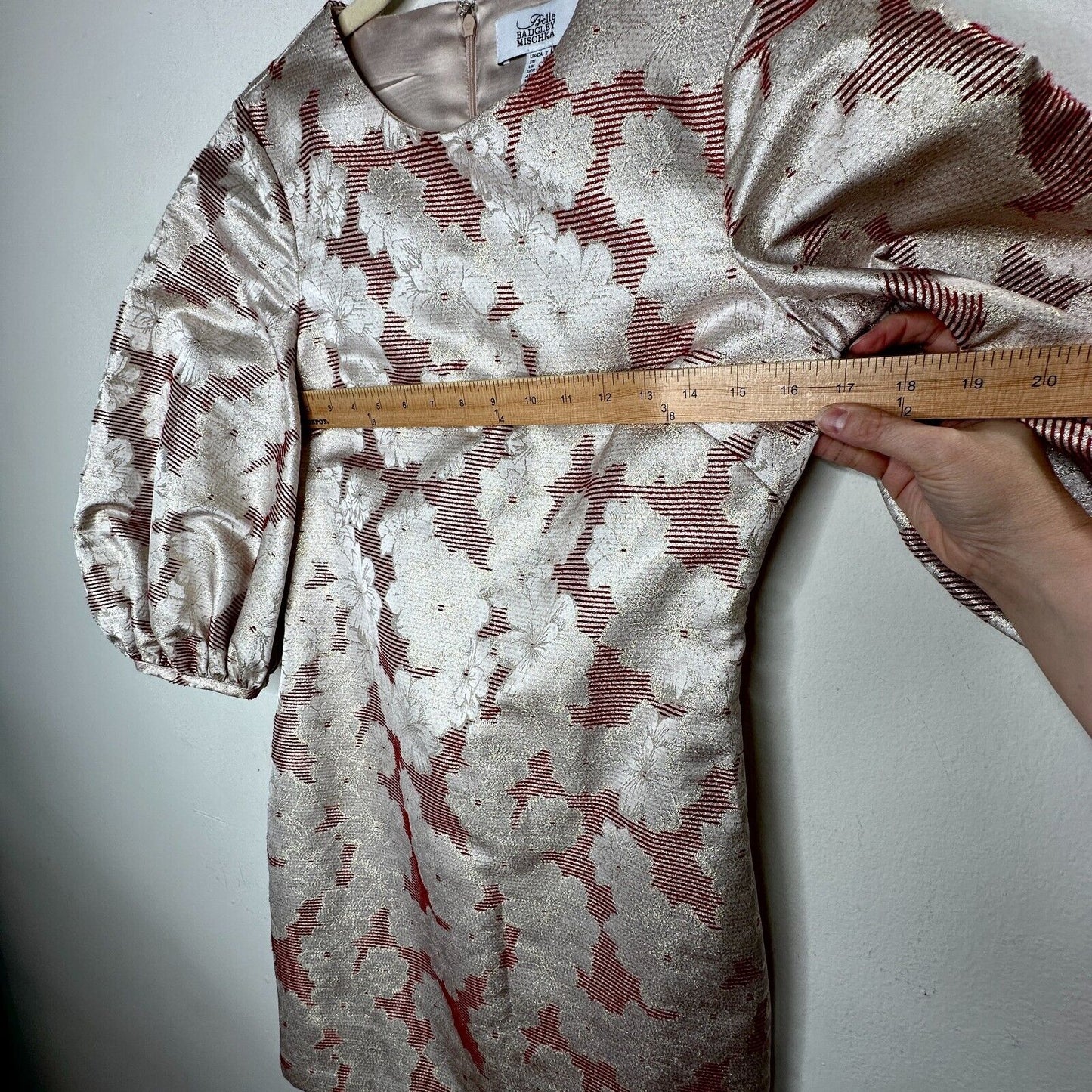 Belle Badgley Mischka Red & Gold Metallic Stripe Floral Balloon Sleeve Dress 2