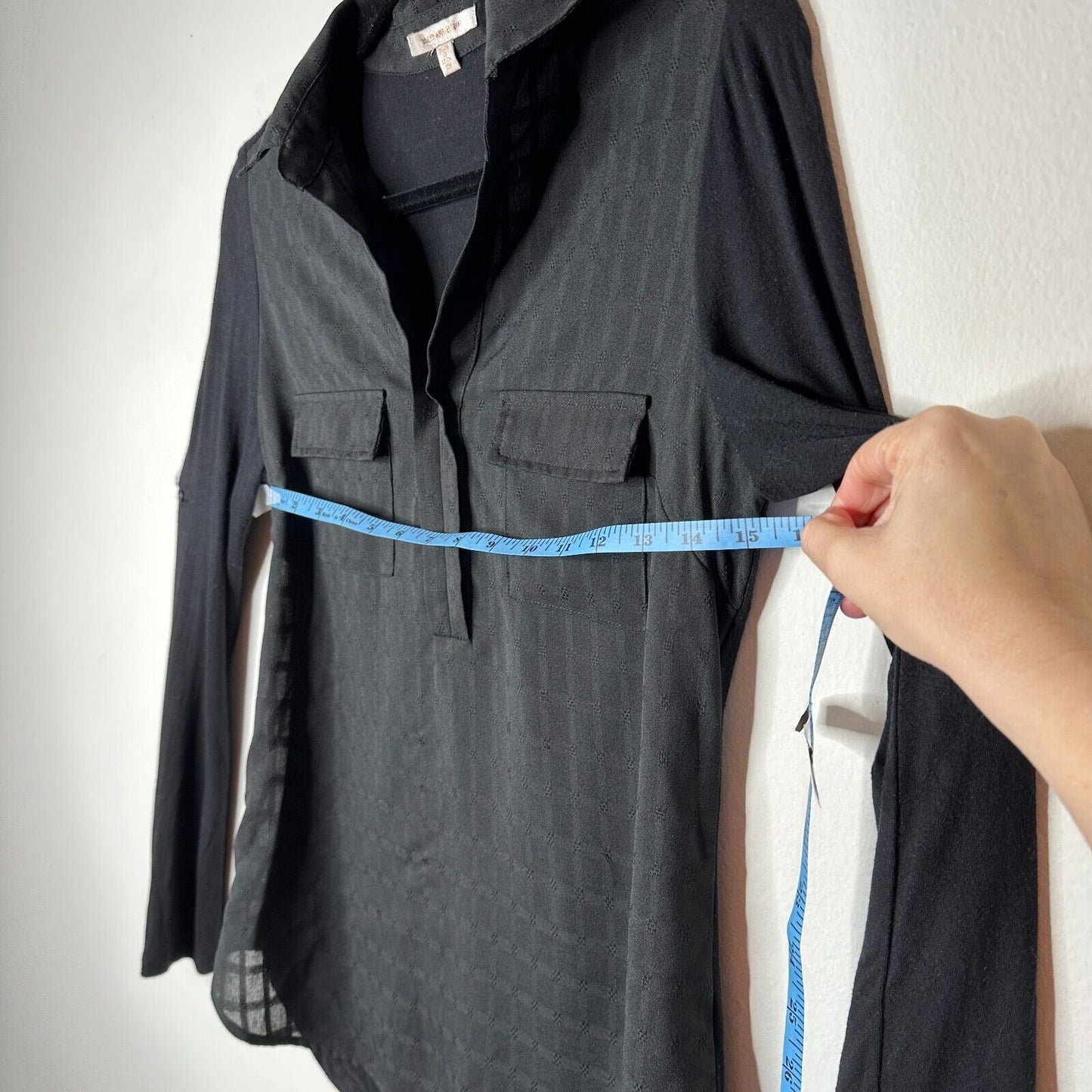 Skies Are Blue Black Stripe Stretch Front Pockets Long Sleeve Collar Blouse XS