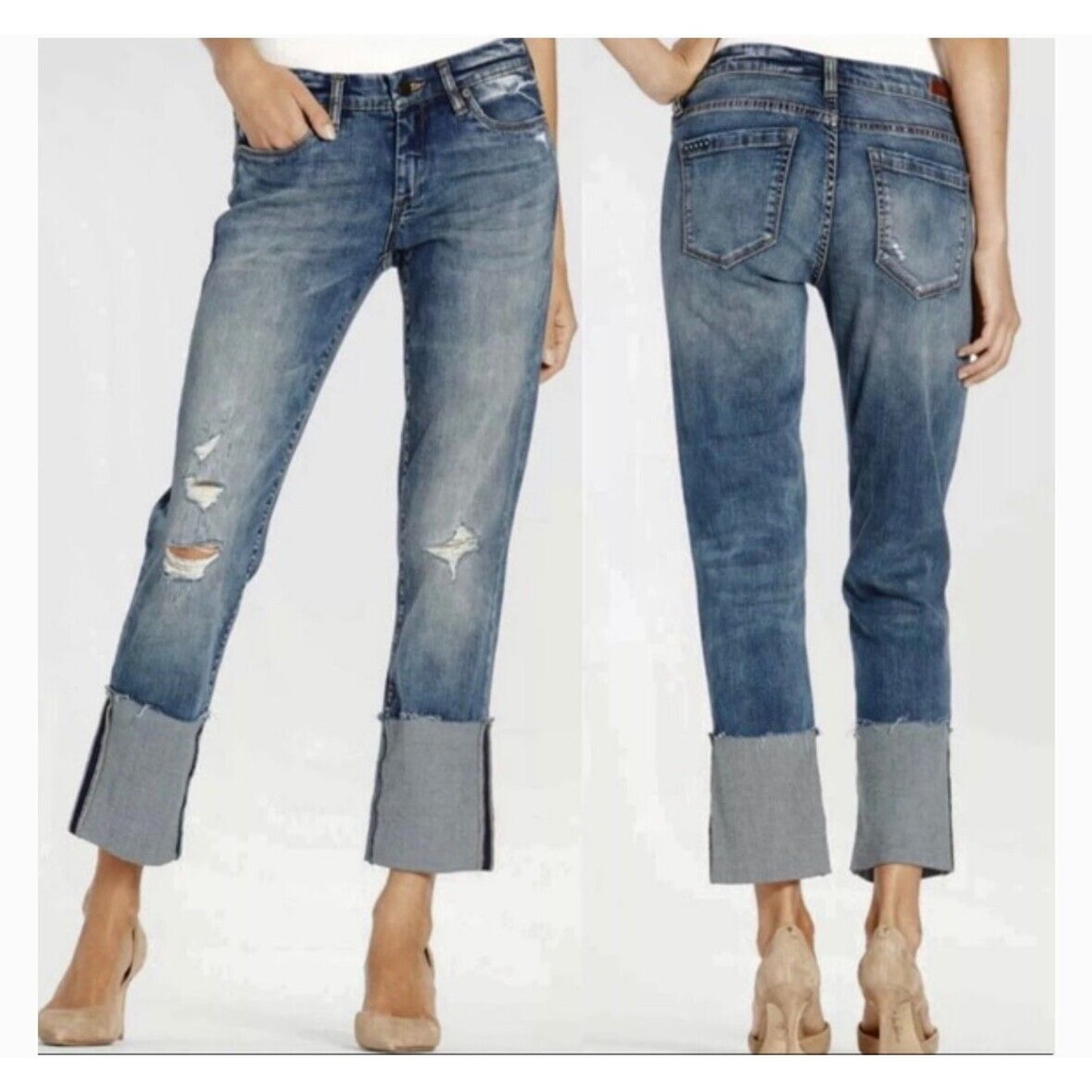 Blank NYC High Cuff Straight Medium Wash Distressed Jeans Low Rise Stretch 24