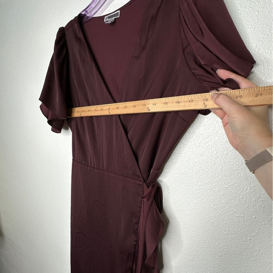 Chelsea28 Burgundy Maroon Flutter Sleeve Ruffle V-Neck Wrap Dress S