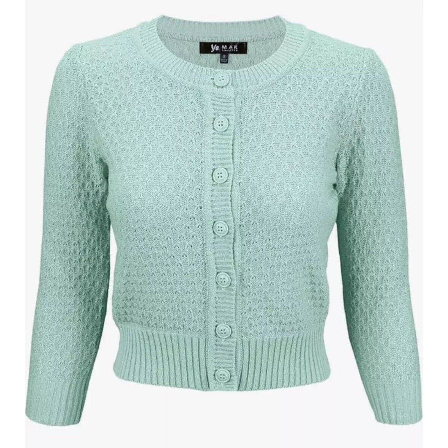 Ye Mak Mint Green Classic Casual Button Front Crew Neck Knit Crop Sweater Small
