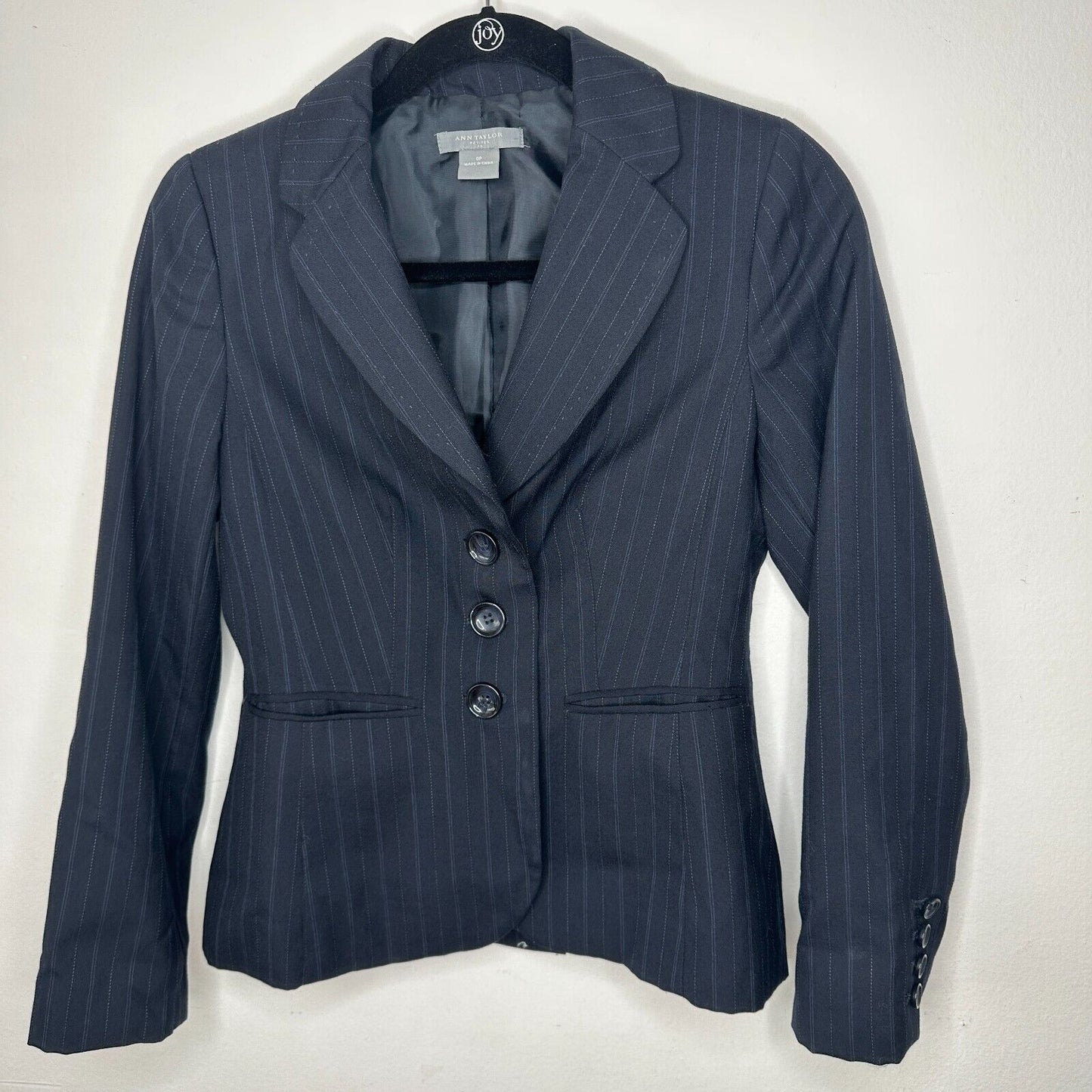Ann Taylor Navy Pinstripe Crop Blazer Shawl Collar Button Sleeve Welt Pocket OP