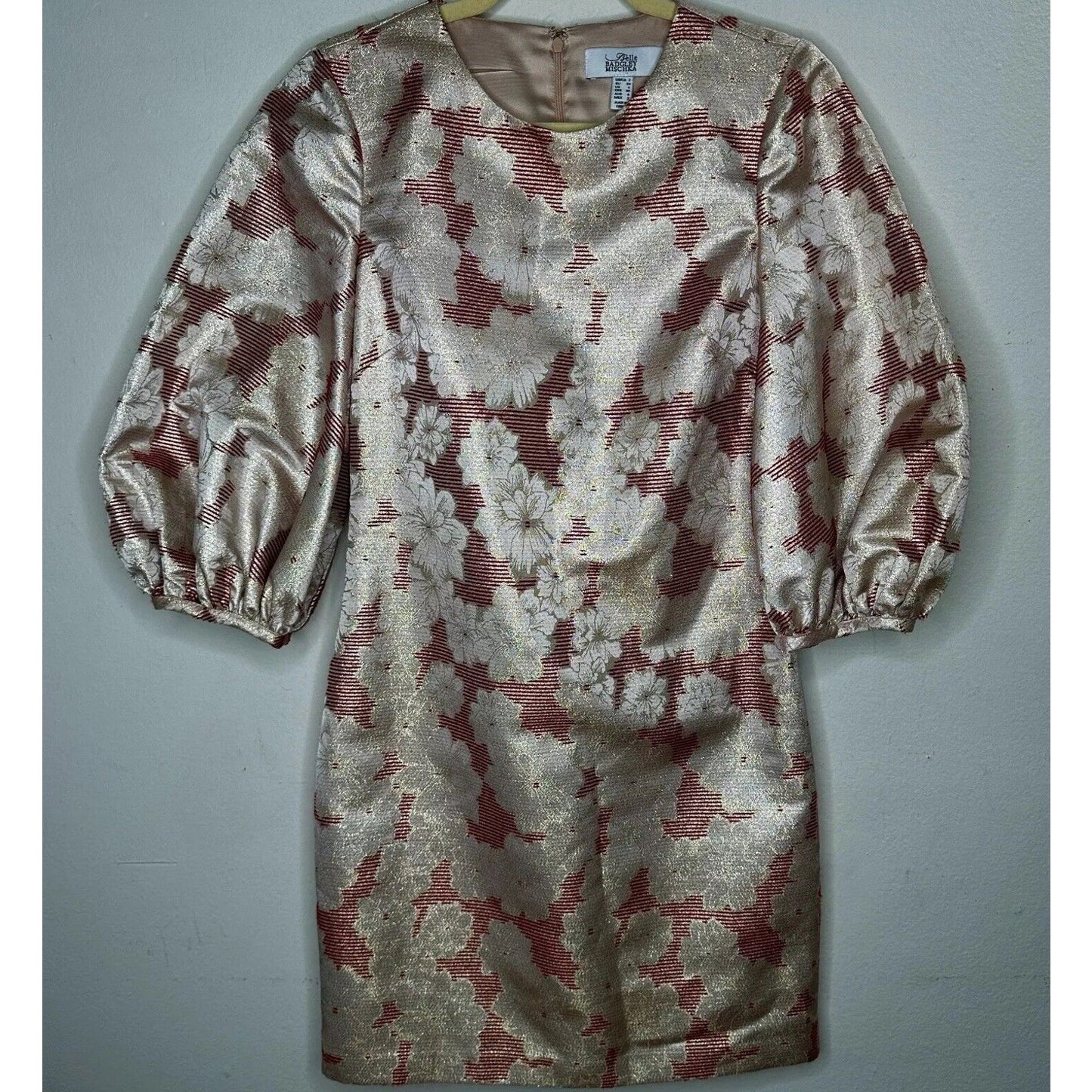 Belle Badgley Mischka Red & Gold Metallic Stripe Floral Balloon Sleeve Dress 2