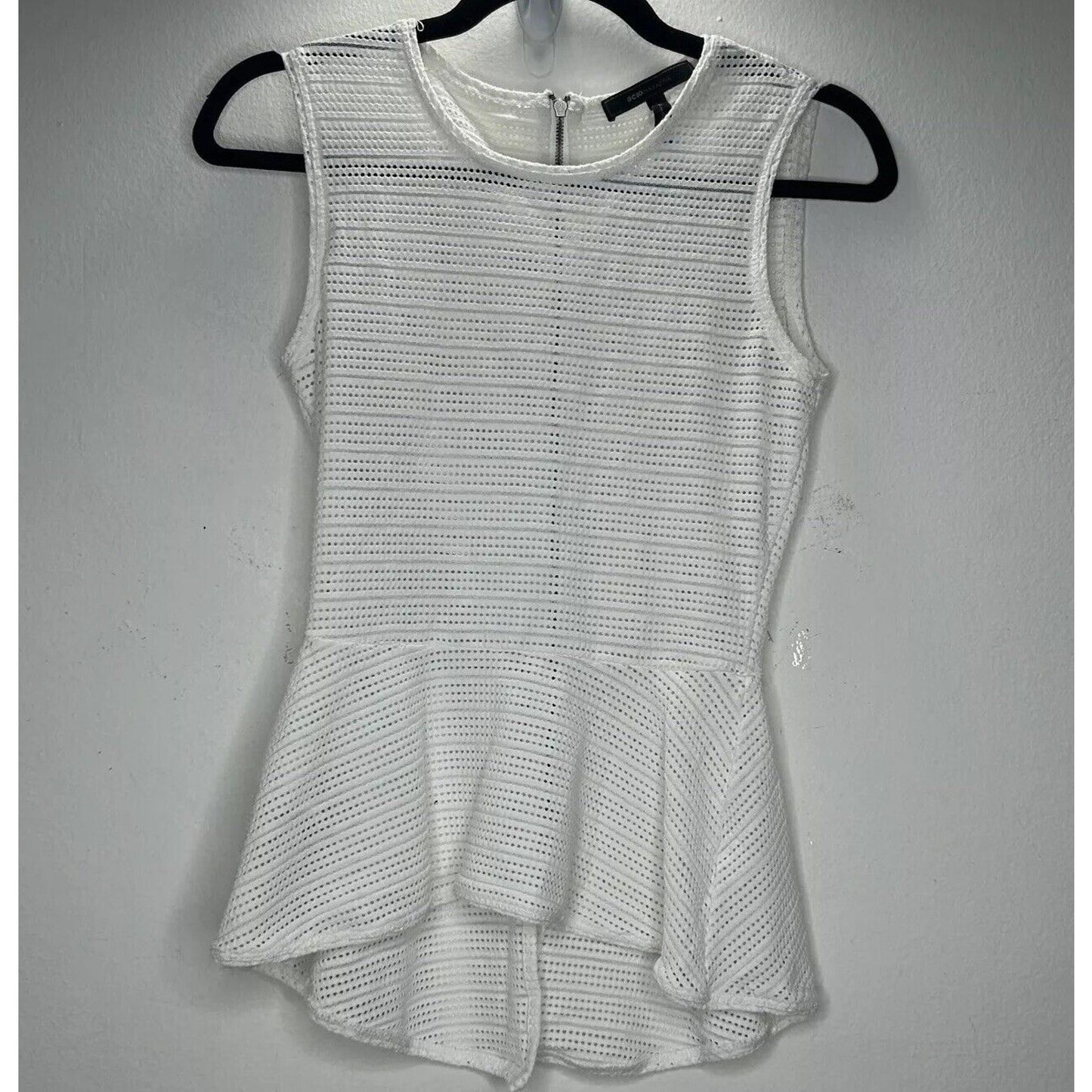 BCBGMAXAZARIA Evia Peplum White Laser Cut High Neck Sleeveless Back Zip Top XS