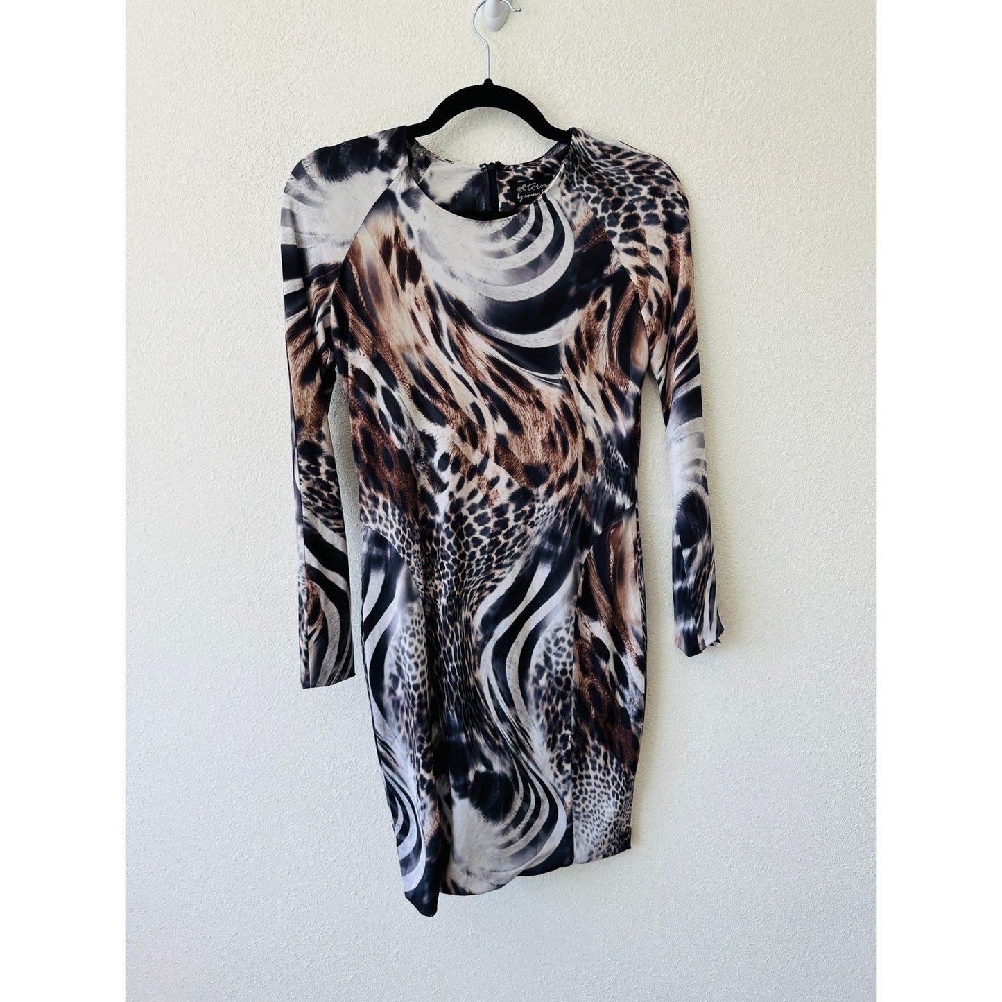 Torn by Ronny Kobo Black White Brown Animal Print Long Sleeve Bodycon Dress S