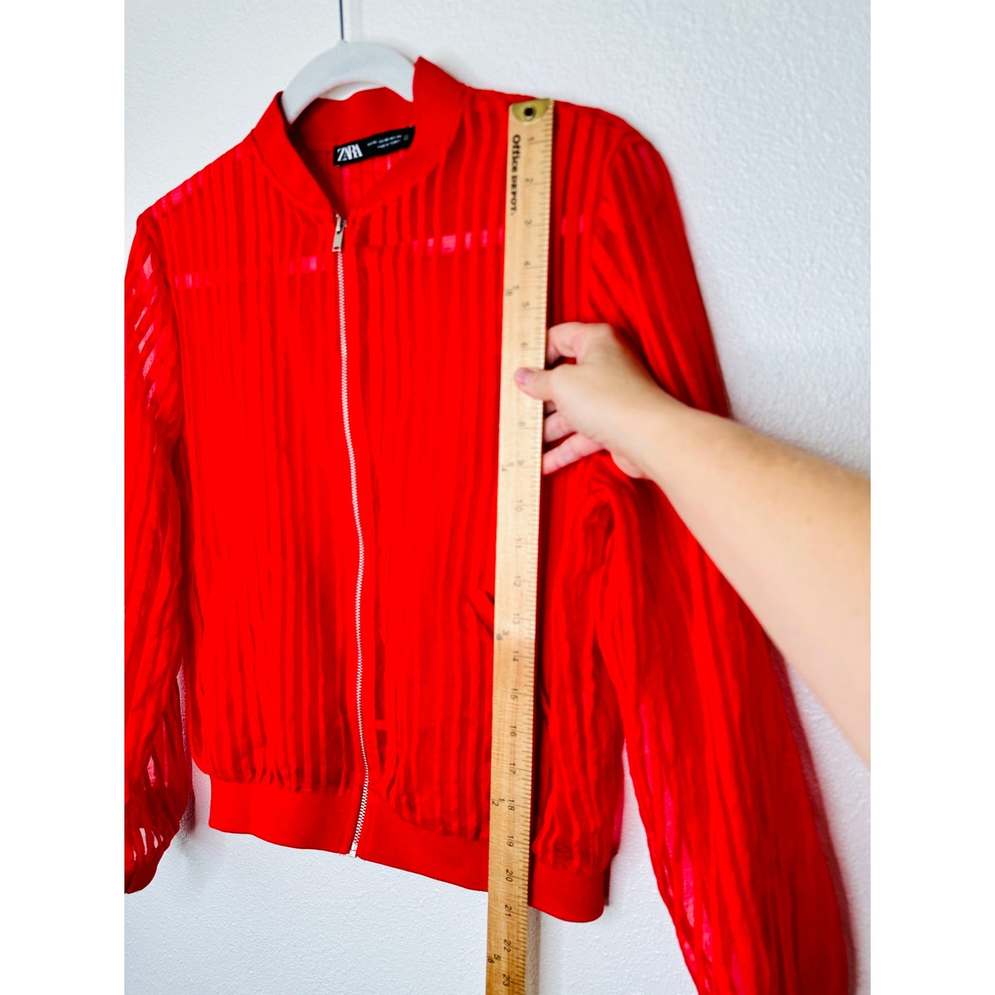 Zara Red Organza Sheer Striped Bomber Jacket Front Zip XS