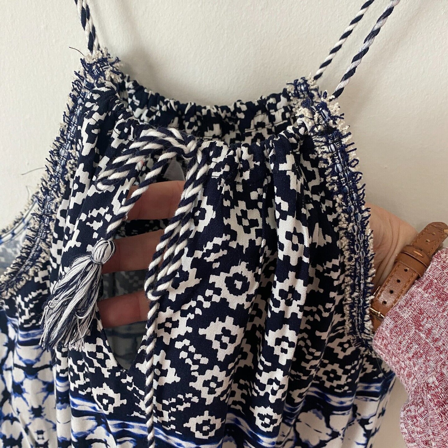 BB Dakota Beale Blue White Aztec Tie Dye Halter Tassel Tie Romper Pockets Small