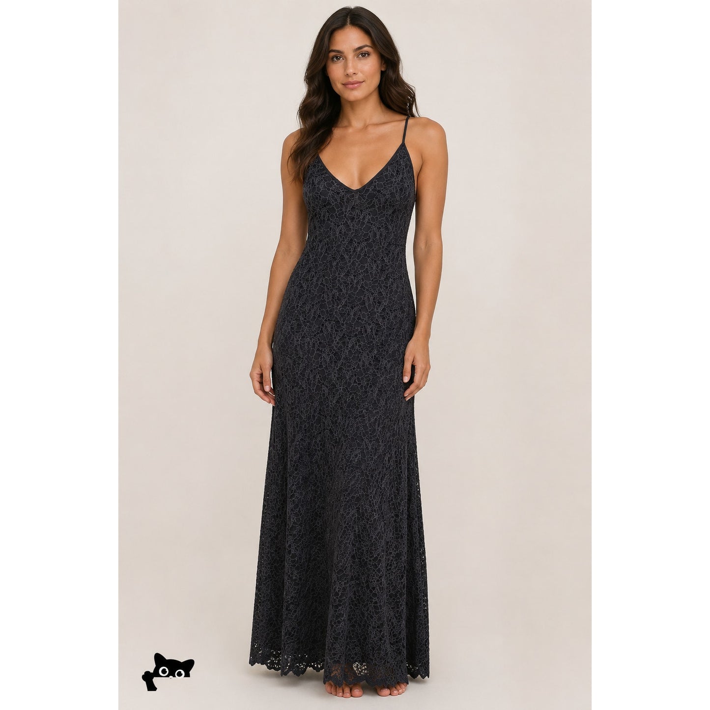 Milo Black & Deep Purple Lace Floral Crochet VNeck Strappy Maxi Dress P