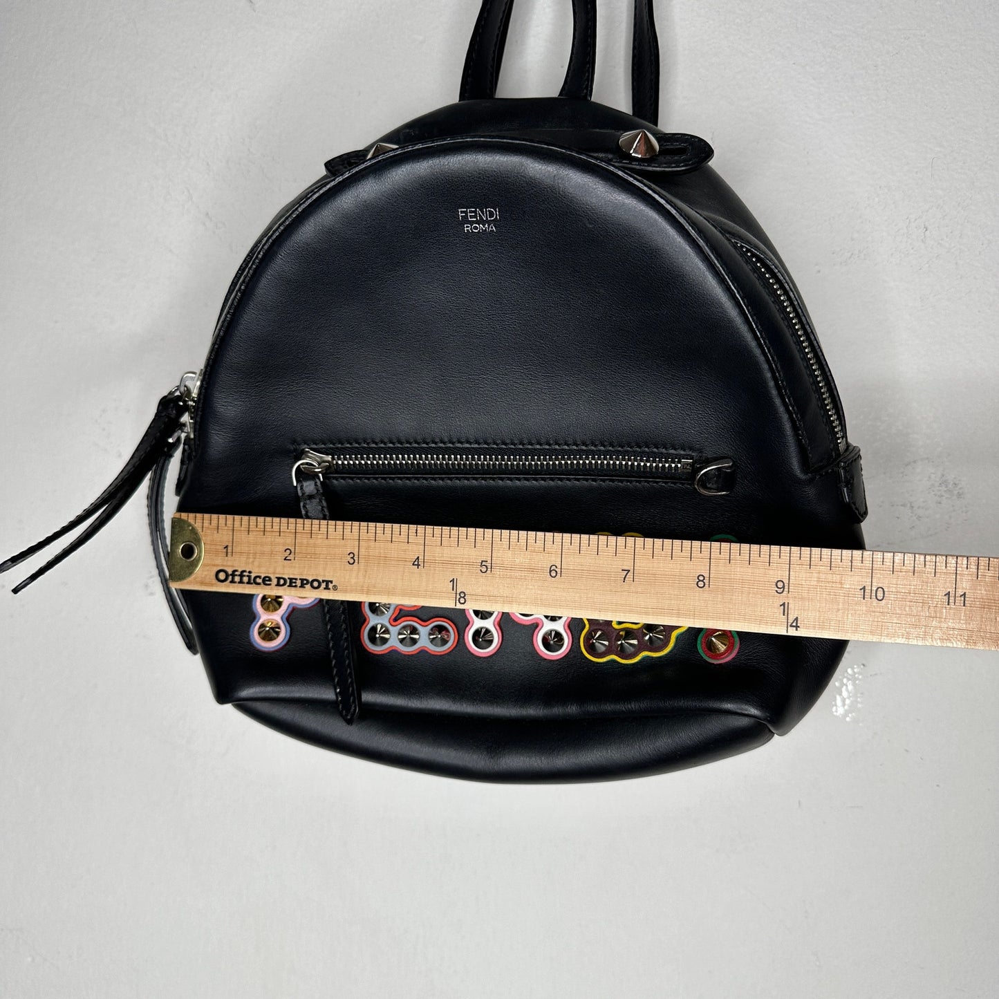Fendi Roma Mini By The Way Leather Backpack Black Silver Gold Studded Logo Bag
