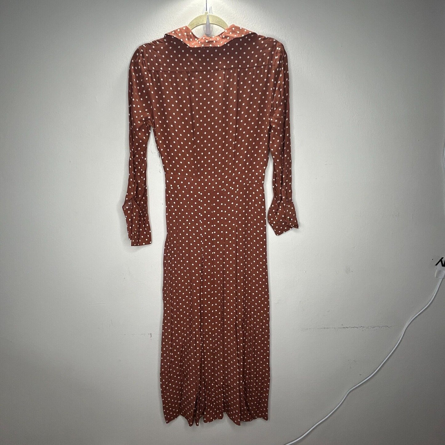 Topshop Brown Cream Polka-Dot 3/4 Sleeve Front Button Pleated Slit Maxi Dress 2