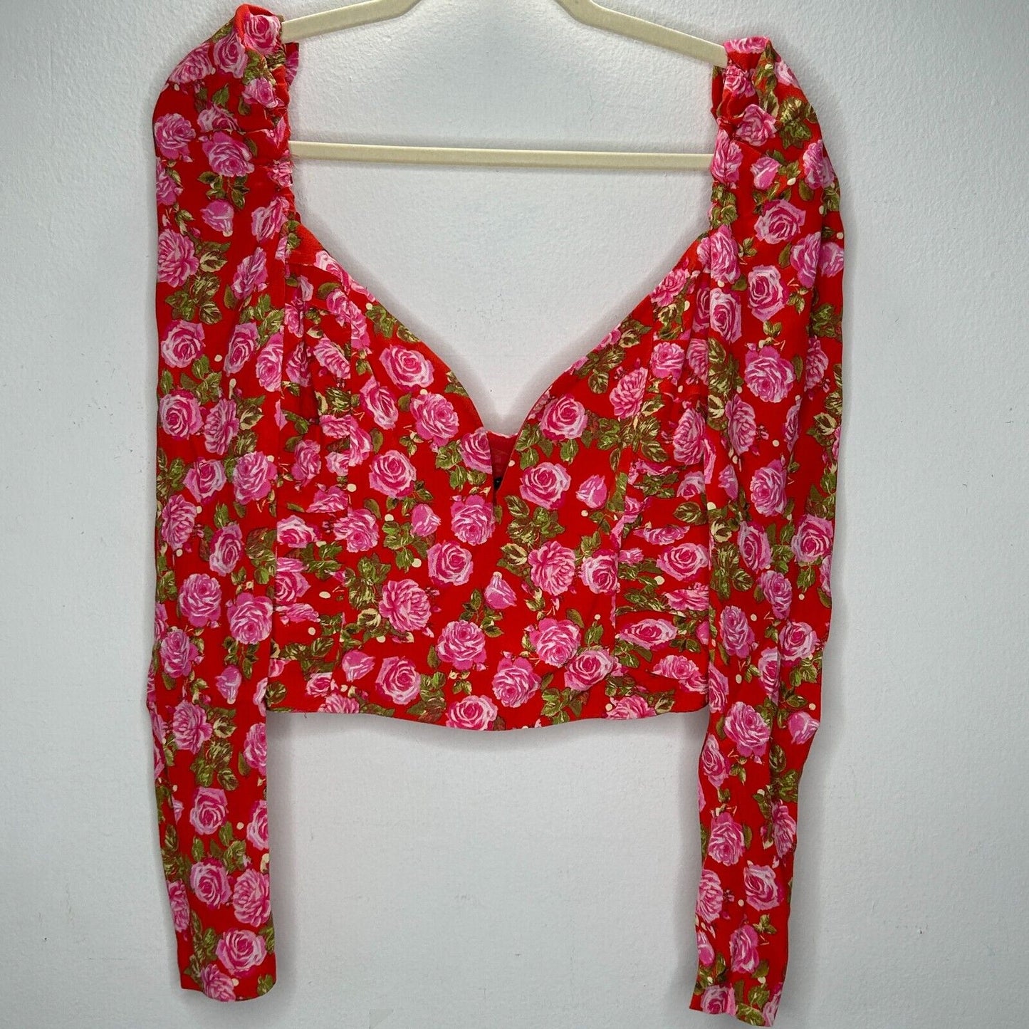 Zara Red & Pink Floral Print Long Puff Sleeve Side Zip Ruche Waist Crop Top L