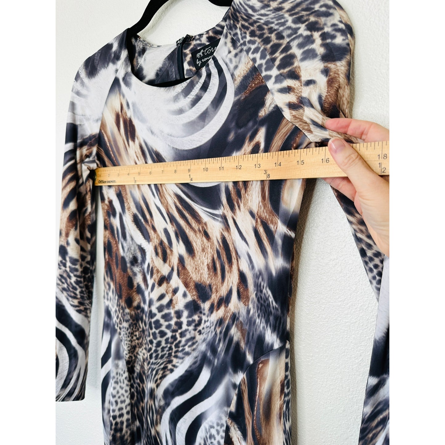 Torn by Ronny Kobo Black White Brown Animal Print Long Sleeve Bodycon Dress S