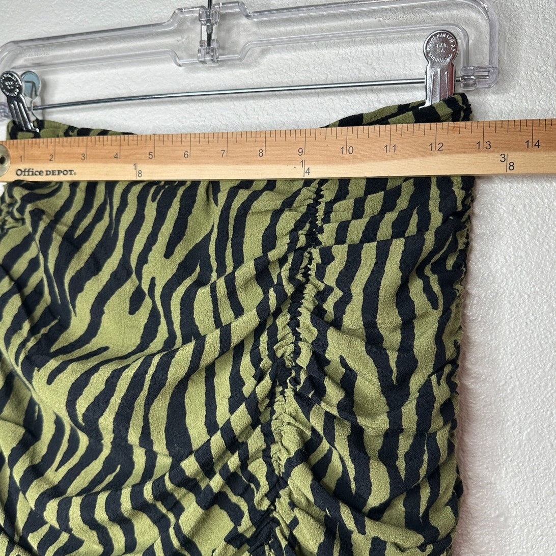 ZARA Green Zebra Print Ruched Mini Skirt XS Ruffle Hem Back Zip