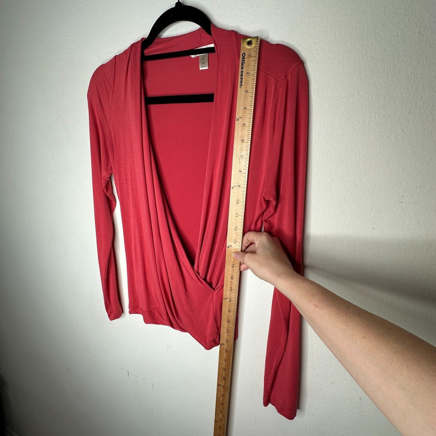 Banana Republic Dark Coral Long Sleeve Deep Draped VNeck Faux Wrap Top S