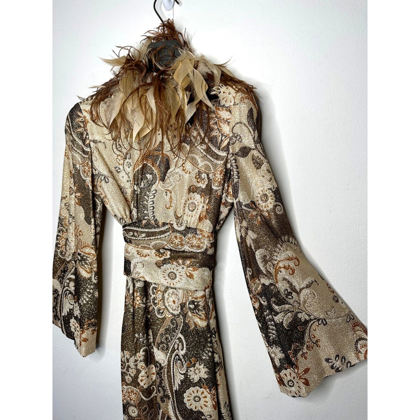 BILL BLASS Vintage 70s Couture Metallic Gold Lurex Knit Dress Ostrich Feather XS - S