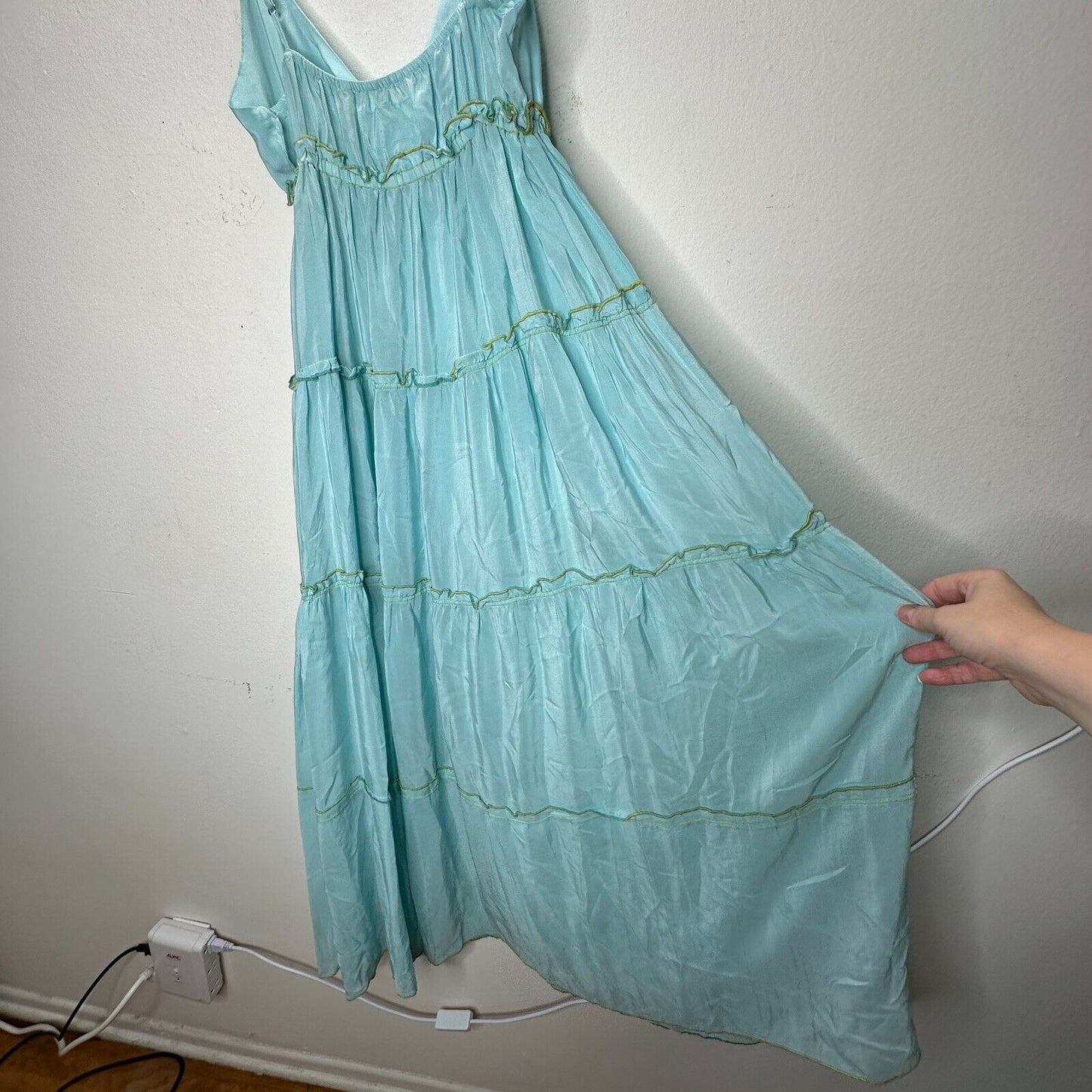 V Sierra 100% Silk Muted Aqua Spaghetti Strap V-Neck Tiered Ruffle Maxi Dress S