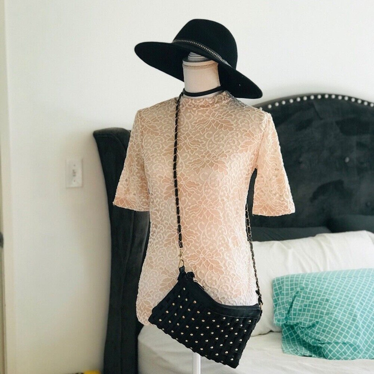 Mock Neck Bell Short Sleeve Blouse Sheer Floral Lace Design M