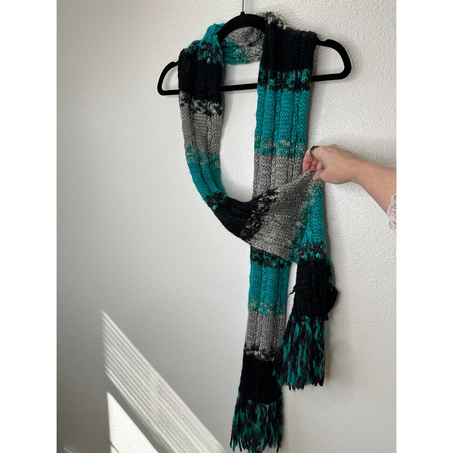 Billabong Black Gray & Teal Knit Scarf with Fringe OS