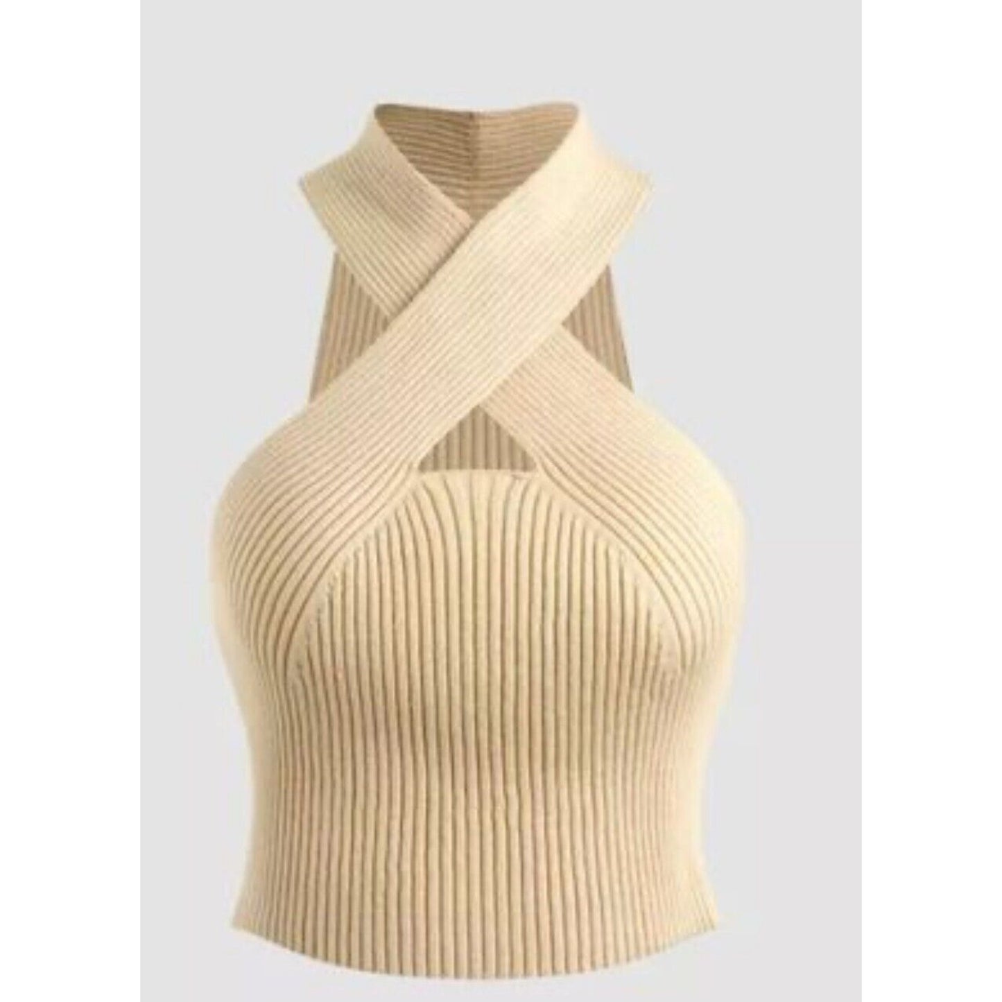 Cider Beige Ribbed Knit Sleeveless Criss Cross Front Halter Stretch Crop Top XL