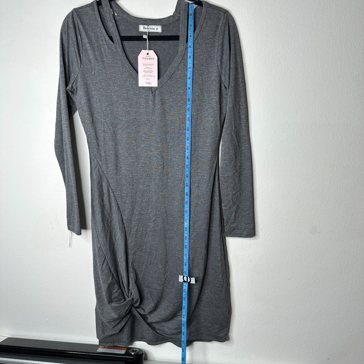 NWT Berryou Gray Cold-Shoulder Long Sleeve Front Tie Hem Knit Mini Dress Medium