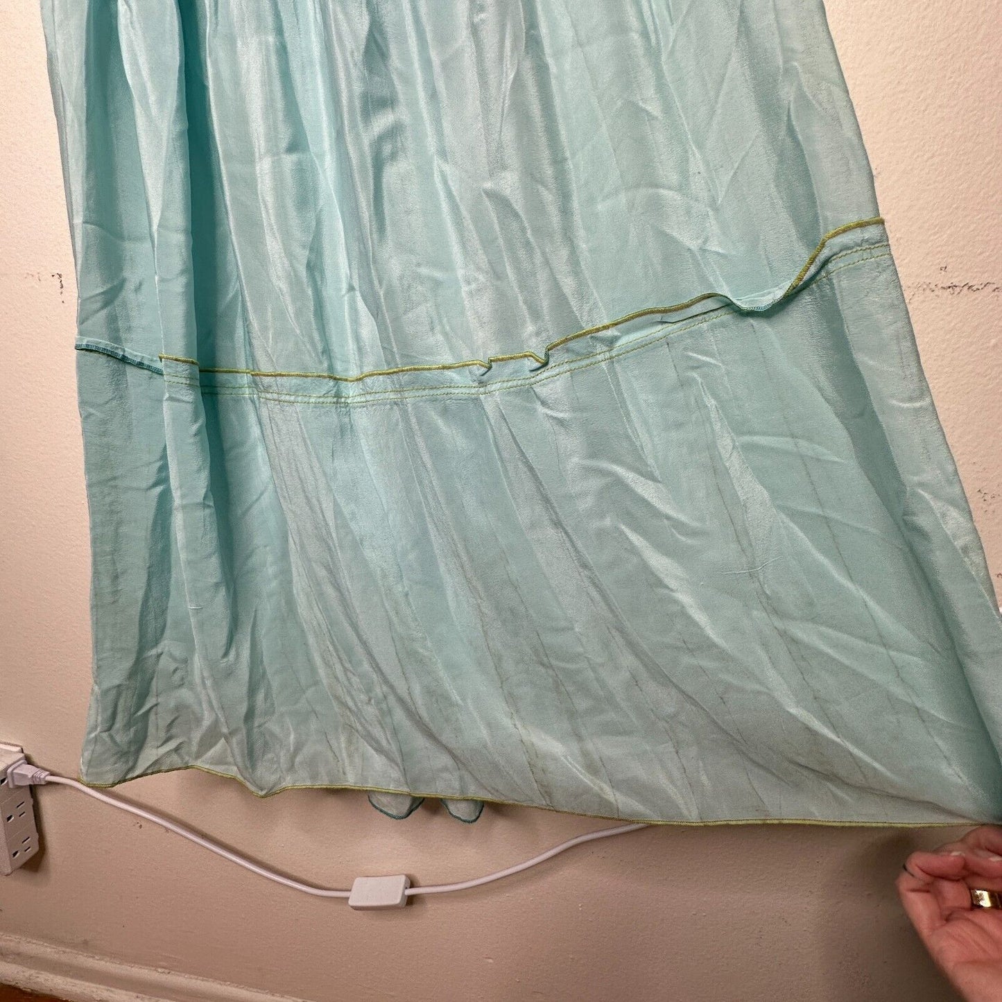 V Sierra 100% Silk Muted Aqua Spaghetti Strap V-Neck Tiered Ruffle Maxi Dress S