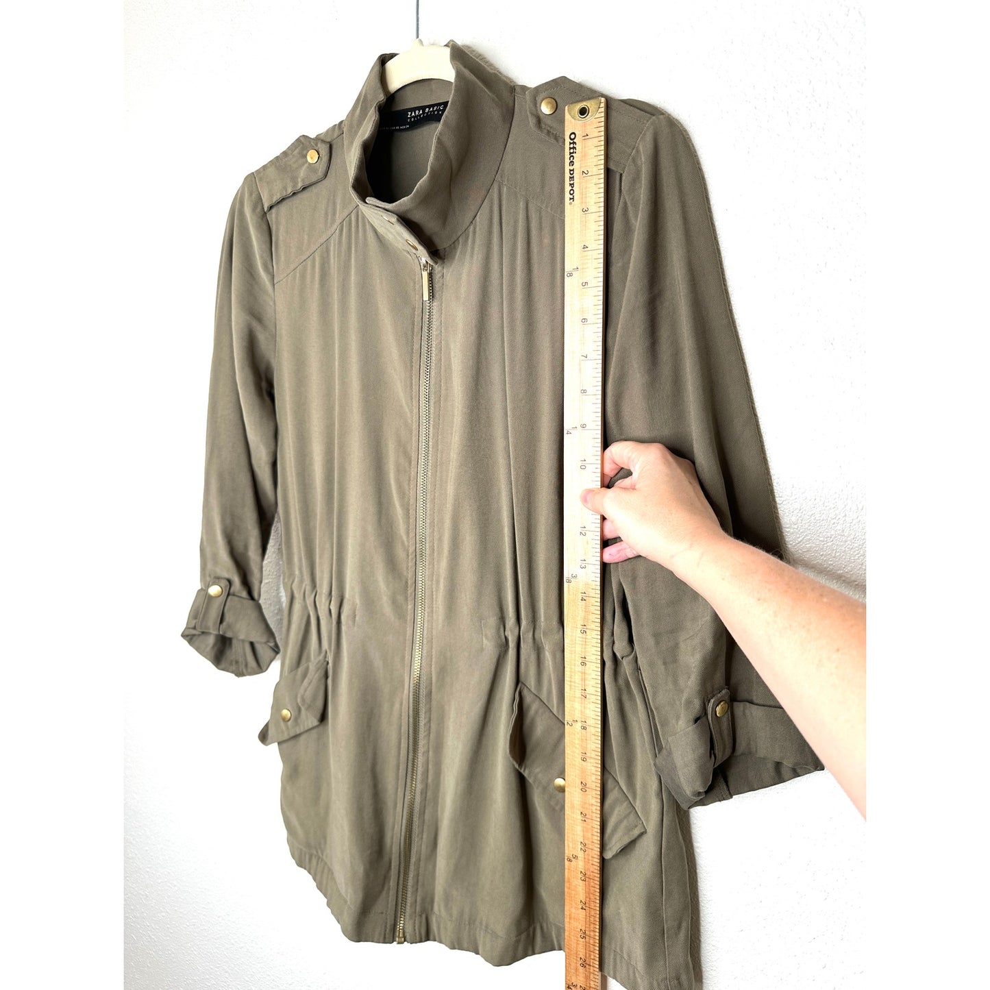 Zara Olive Green 3/4 Cuffed Sleeve Collared Zip Cinch Waist Jacket XS